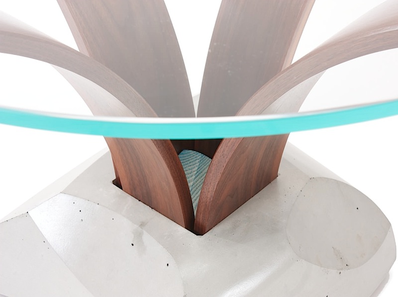 detail of the walnut curves and the colored ash core