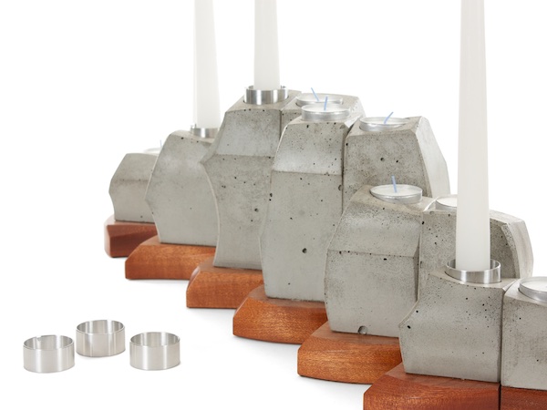 detail of concrete and wood candle holder