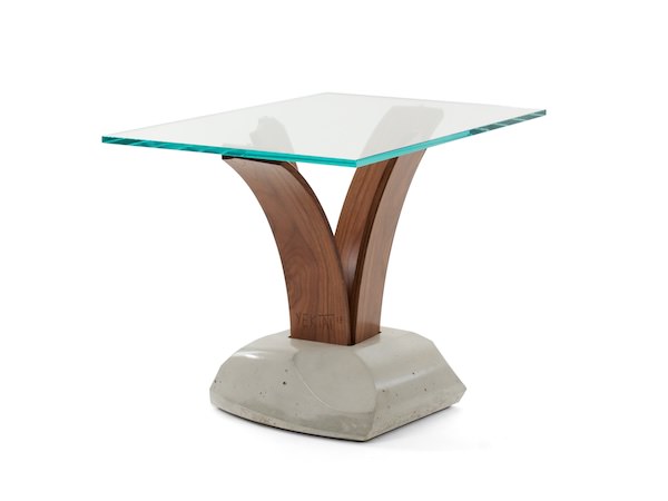 curved wood and concrete pedestal table