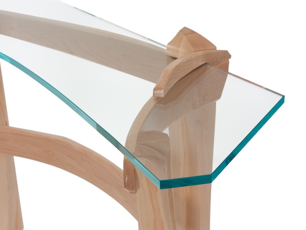 Curved Glass Hall Table for any room presented in maple and shapped glass