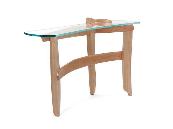 Curved Glass Hall Table for any room presented in maple and shapped glass