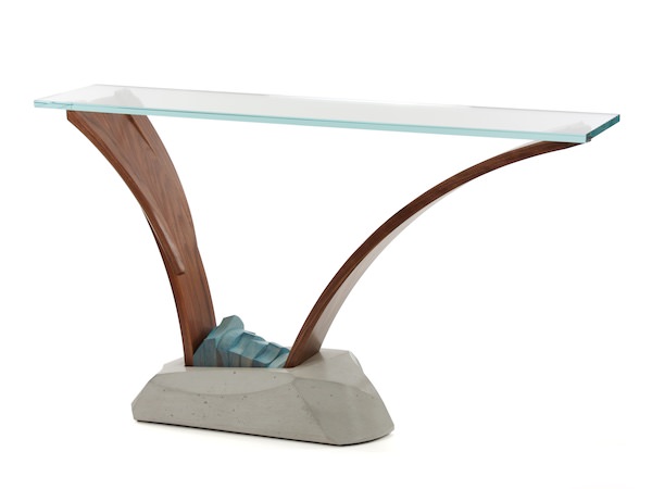 Modern pedestal console table in wood concrete and glass